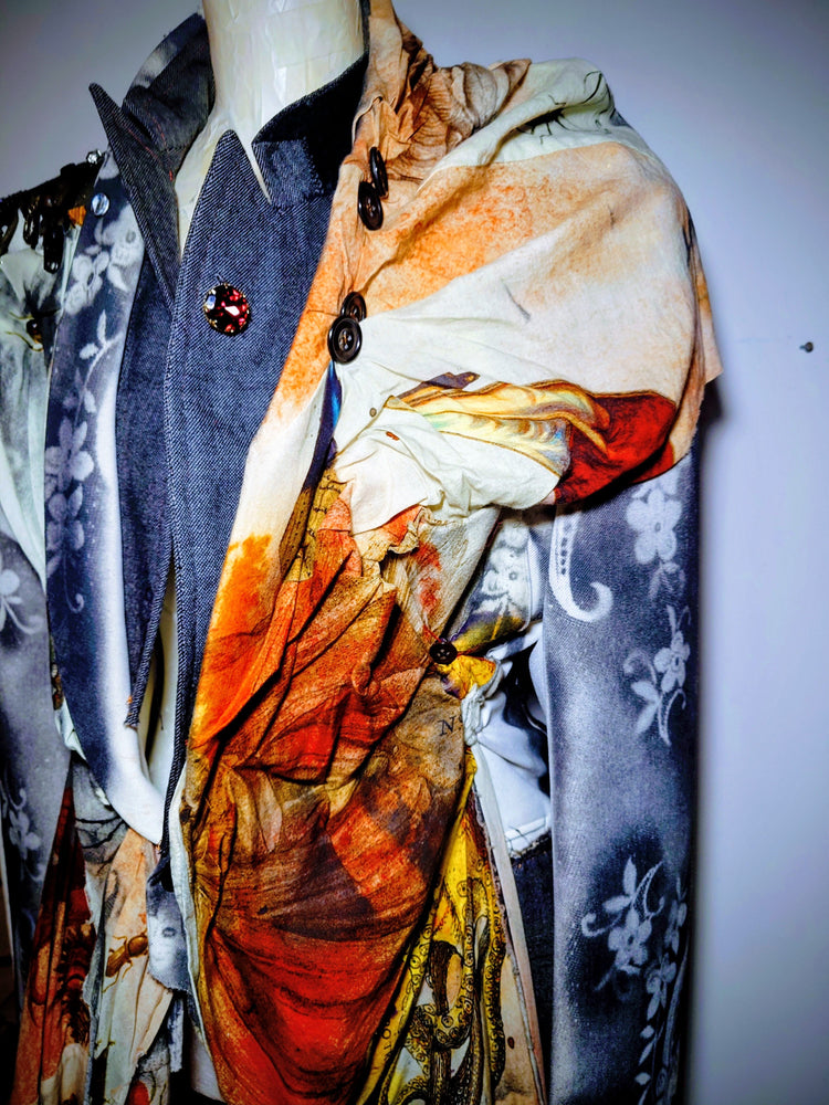 Lore Mode reworked tailored coat with layered printed silks, denim lapels and jewelled buttons